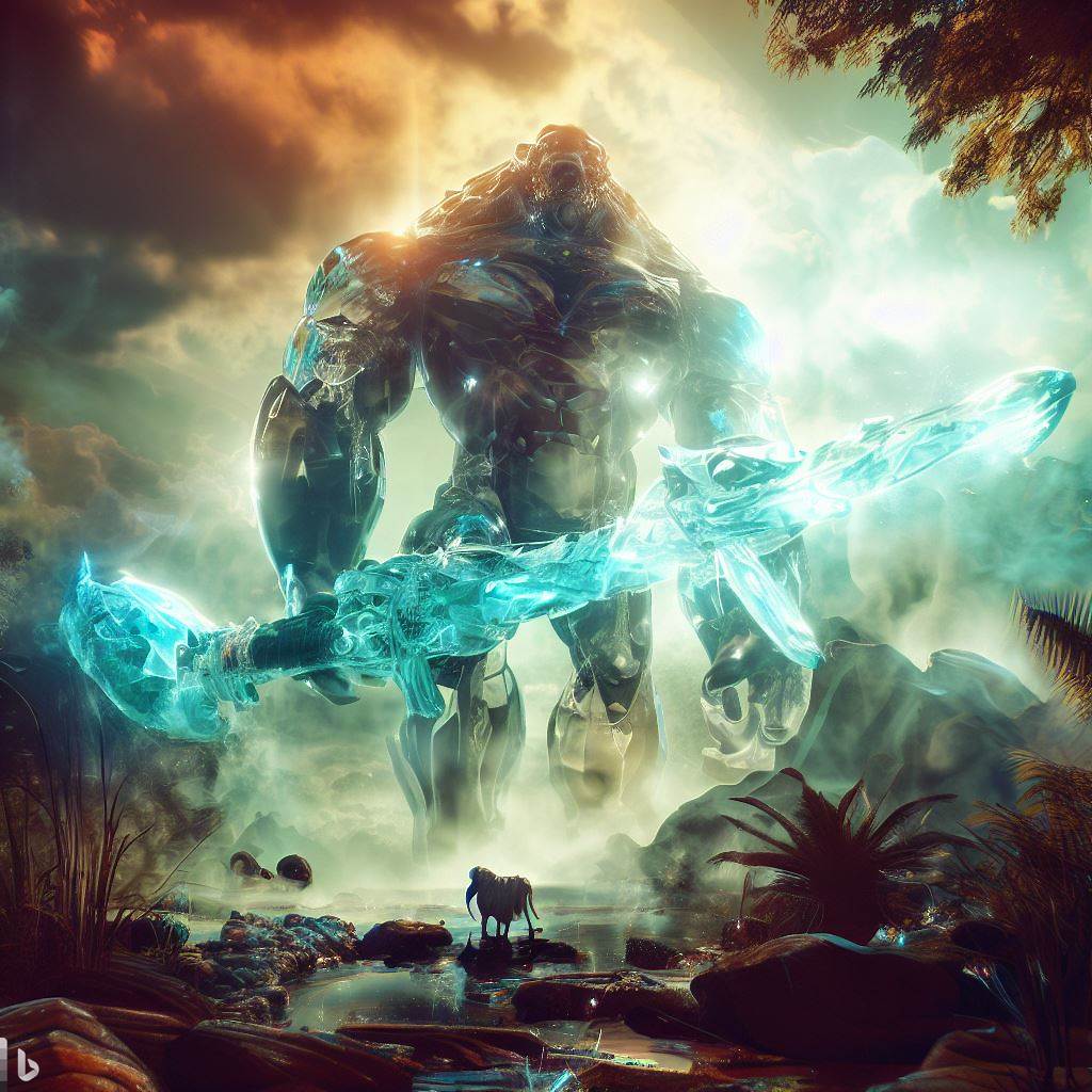giant future mythical beast with glass body holding weapon in jungle, wildlife and rocks in foreground, smoke, detailed clouds, lens flare, fish-eye lens 9.jpg